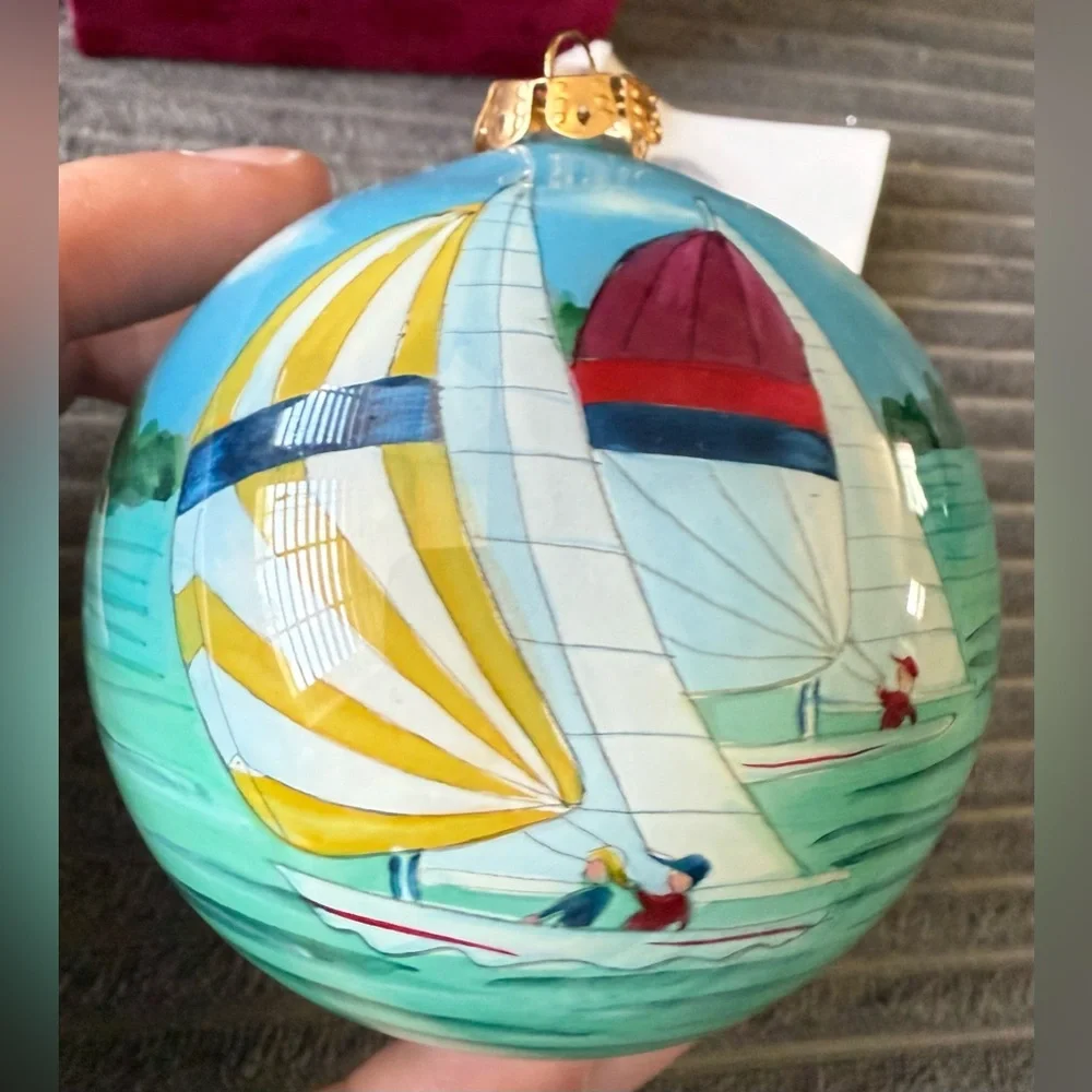 VTG Nautical Sailing Holiday Ornament with Gift Box Signed Inside Art Boat